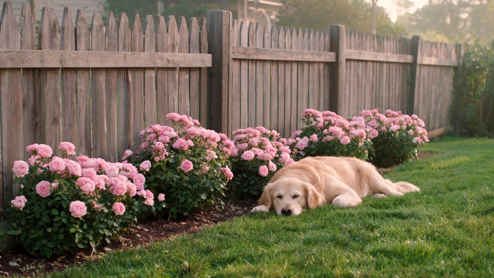 Pink shrub roses along a fence with a resting golden retriever