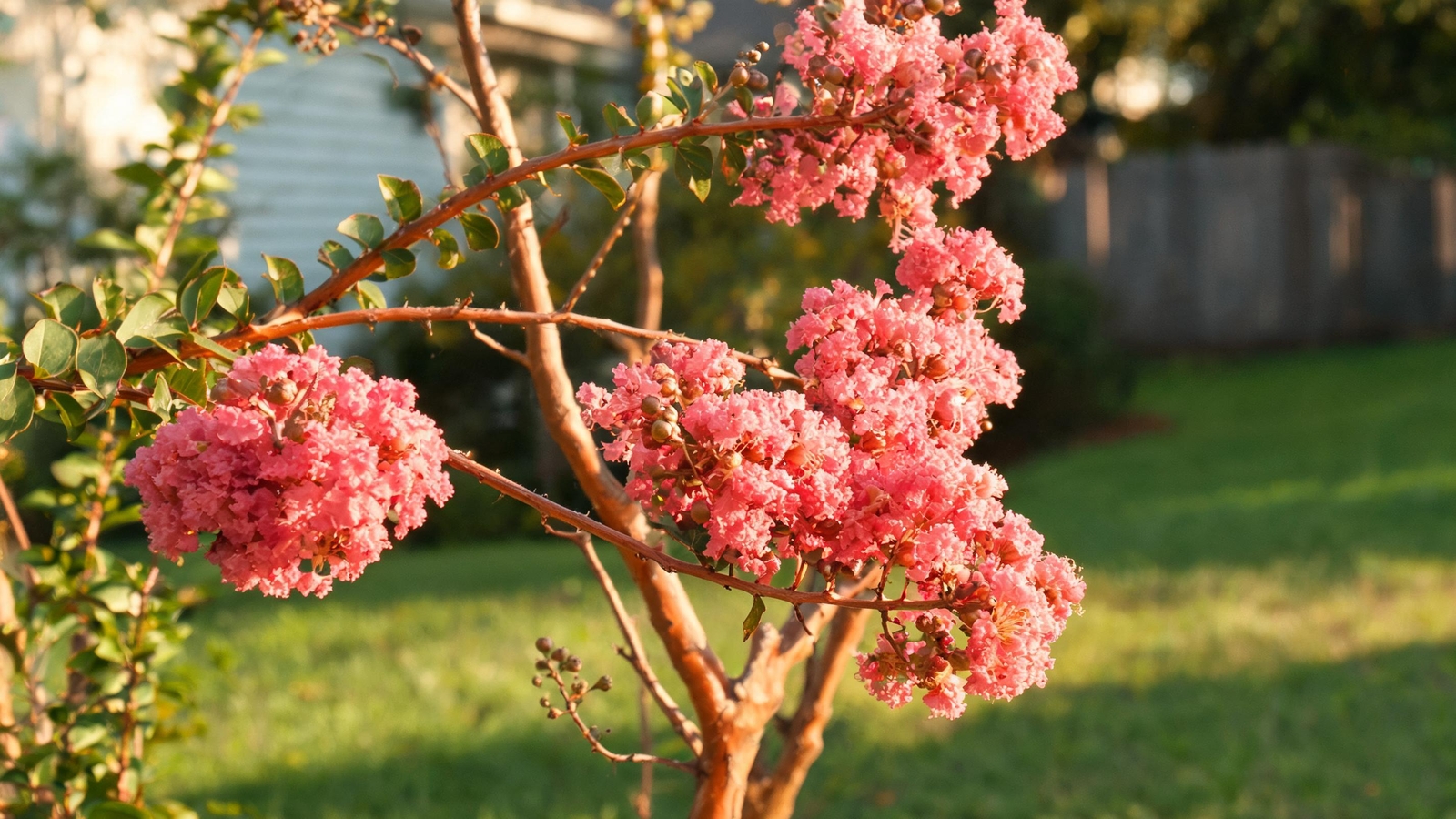 Watermelon-pink crape myrtle flower clusters above smooth bark