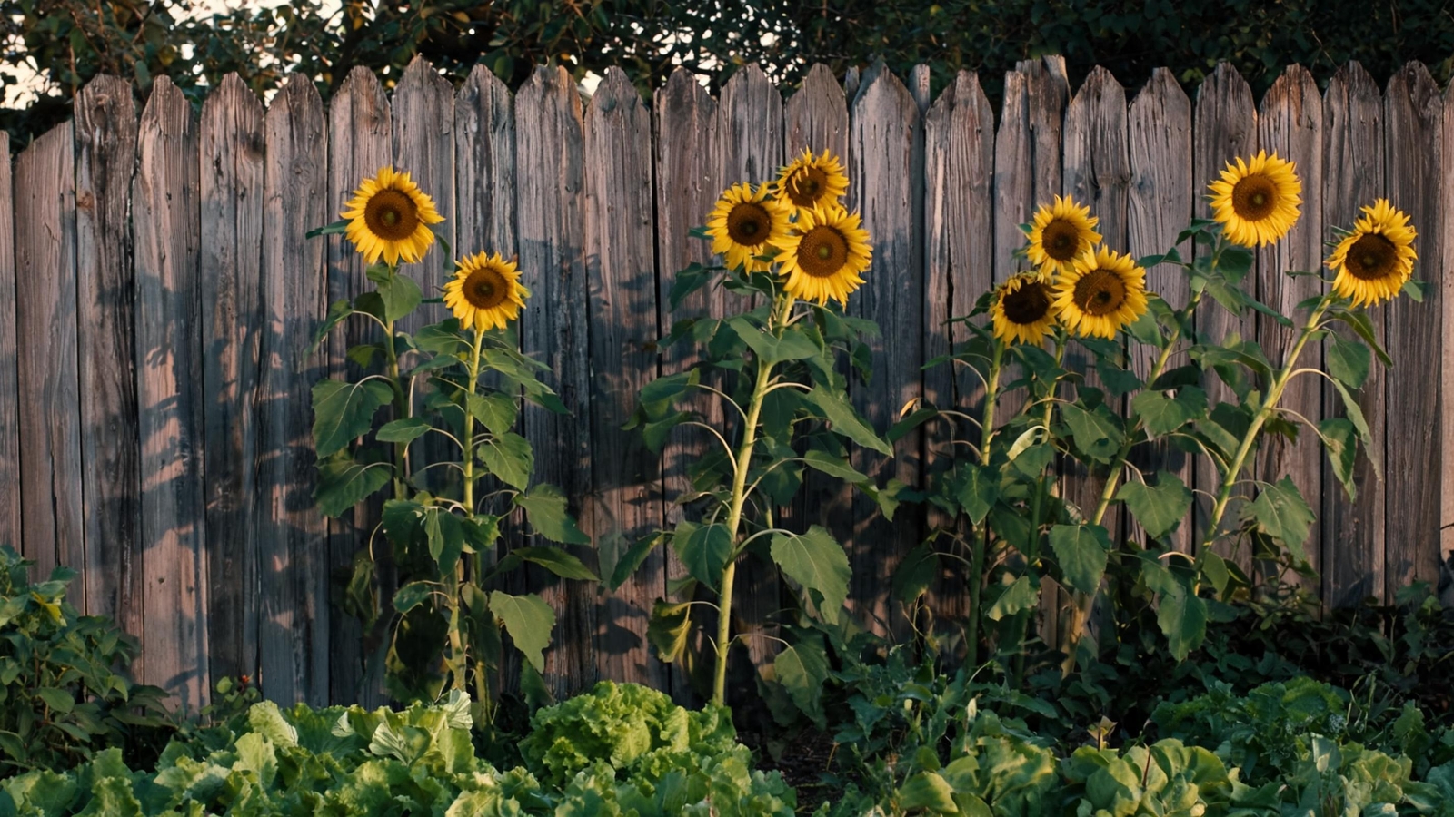 Branching sunflowers blooming along a weathered garden fence