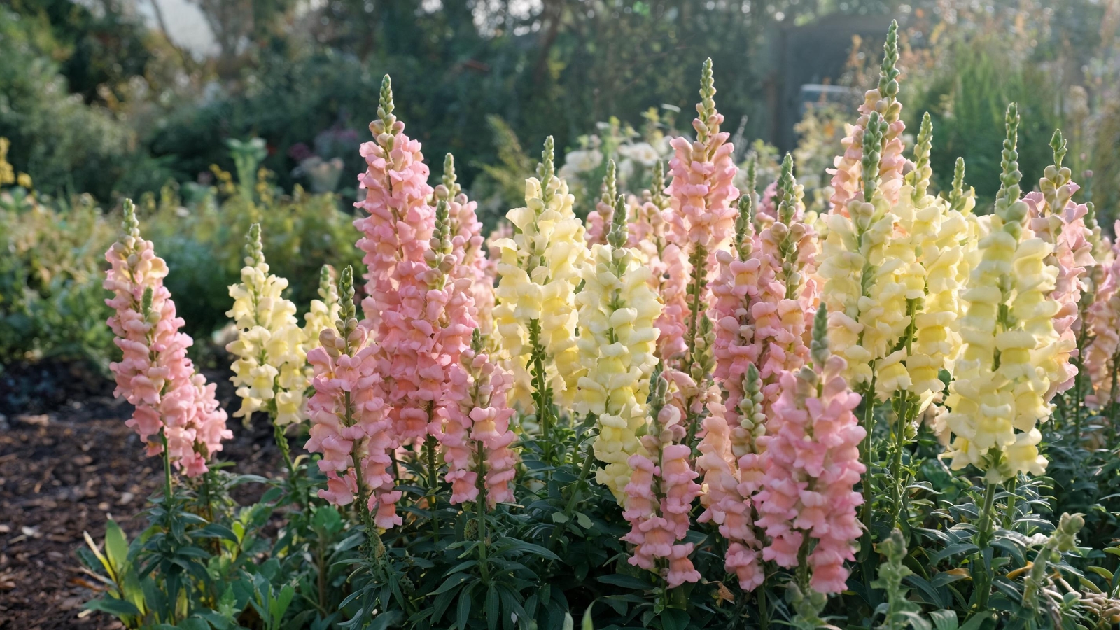 Pink and yellow snapdragon spikes in a cottage border