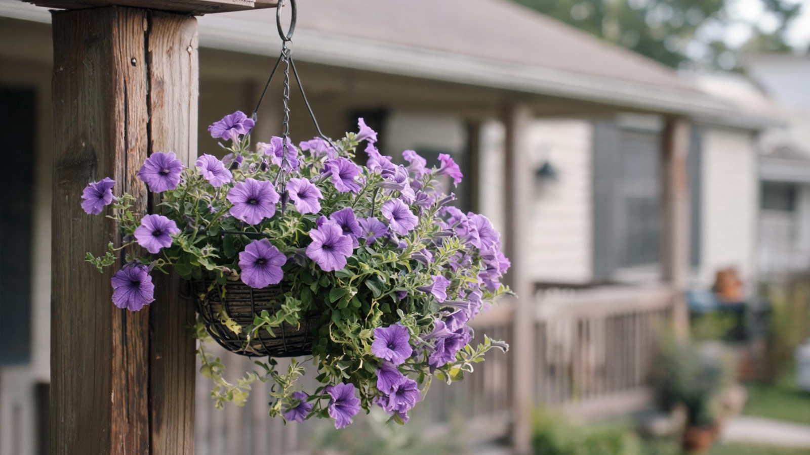 Purple wave petunias spilling from a porch hanging basket