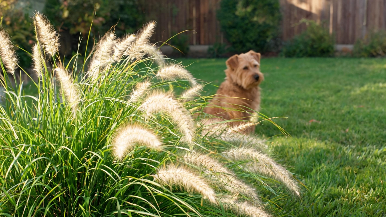 Dwarf fountain grass plumes with a small dog sitting nearby